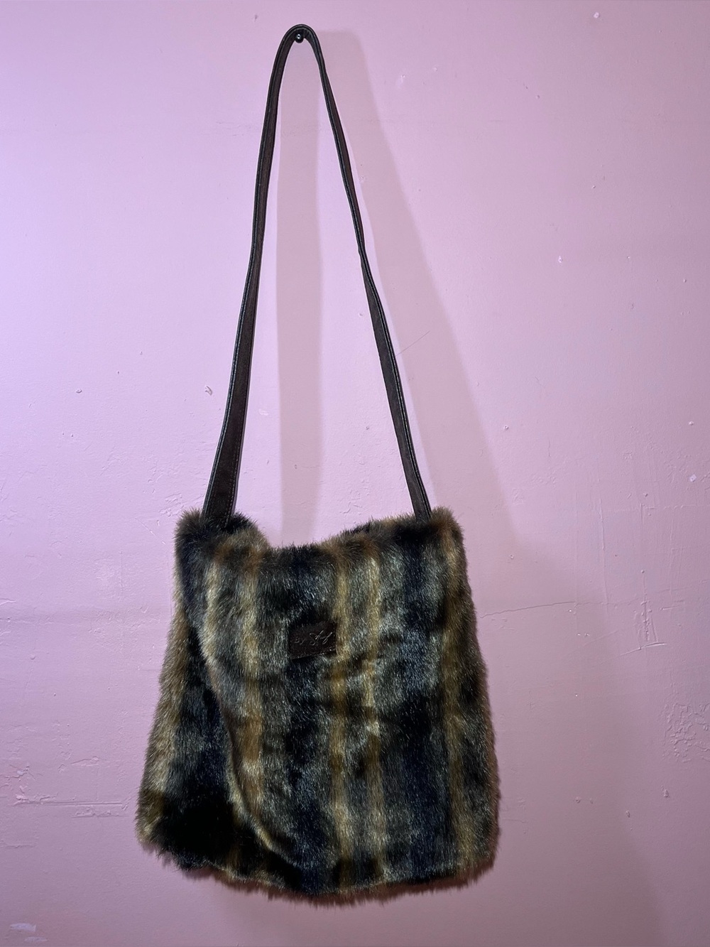 Sharif NY Faux Fur Vintage Purse Shoulder Bag Tote Brown & Black